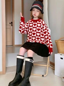 Tween 女童休闲心形马赛克图案圆领长袖毛衣，秋冬款 - 紅色 - 查看 2