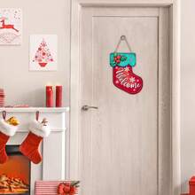 Welcome Christmas Stocking Shape Front Door Sign, Christmas Holly Berry Snowflake Wooden Door Hooks Outdoor Porch Decoration, Holiday Wood Wreath Interior Wall Hanging Decoration - Multicolor - View 7