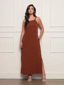 Long Dress With Pocket And Side Slit In Elegant Dune Fabric - 鏽棕色 - 查看 1