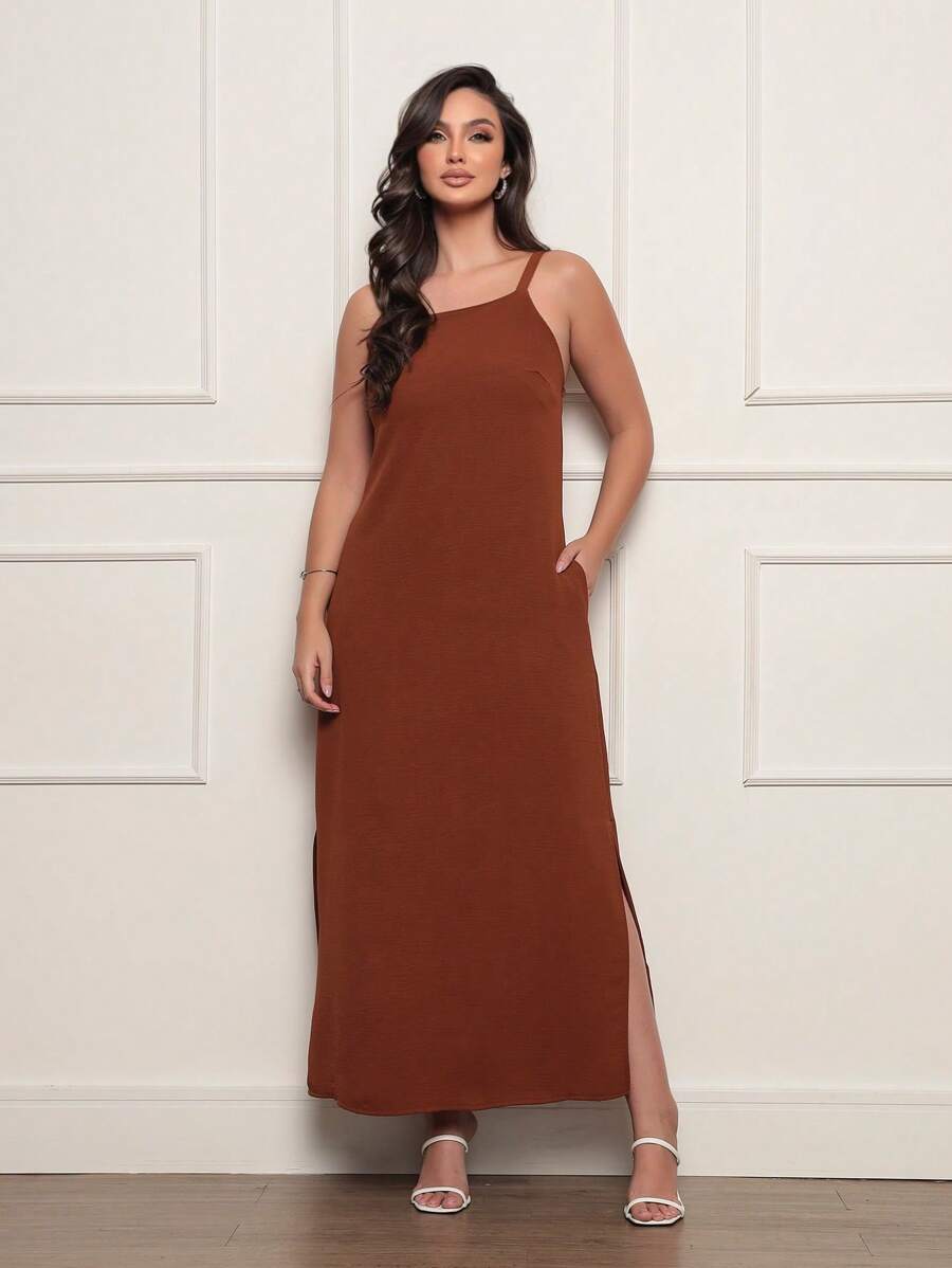 Long Dress With Pocket And Side Slit In Elegant Dune Fabric - 鏽棕色 - 查看 1