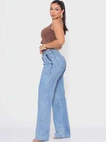 Women's Wide Leg Dark Straight Jeans - 淺色水洗藍 - 查看 6