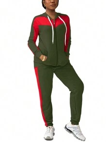 女式拼色连帽拉链运动衫和运动裤休闲运动套装，秋季 - 軍綠紅 - 查看 2