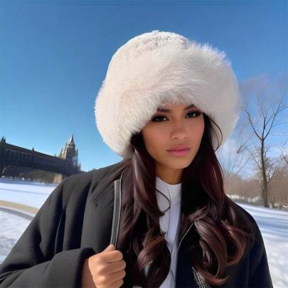 1pc Ultra-Warm Furry Bucket Hat With Luxurious Plush Lining - Windproof, Soft & Comfortable - Adorable Buckle Design - Perfect Winter Accessory & Christmas Gift