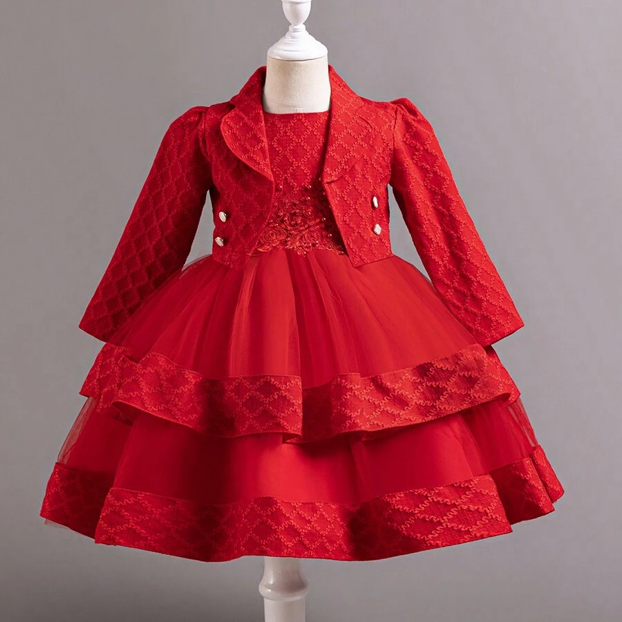 年轻女孩蓬松连衣裙提花图案薄纱拼布儿童服装 3D 贴花休闲生日连衣裙