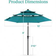 10ft 3-Tier Solar Patio Umbrella, Outdoor Market Sun Shade For Backyard, Deck, Poolside W/ 24 LED Lights, Tilt Adjustment, Easy Crank, 8 Ribs - 天藍色 - 查看 7