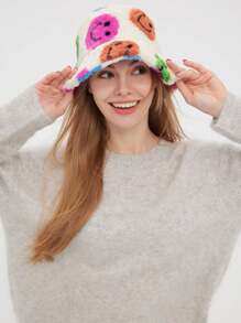 1PC Women Smiling Face Pattern Fluffy Hat Warm Bucket Hat For Daily Life, Dating Campus And Trips Teacher Mom Gifts - Multicolor - View 7