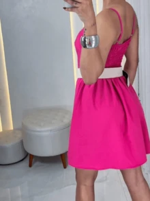 Women's Short Dress With Belt And Padded Details, Adjustable Straps, Lined In Tactel Fabric - 粉色 - 查看 5