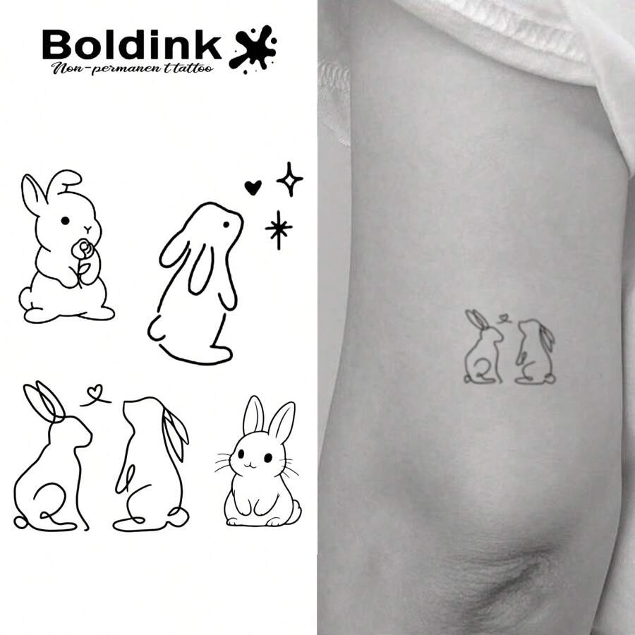 Boldink 带有极简主义灵感兔子设计的临时纹身。简约而优雅，自然哑光效果，防水，持续 1-2 周，超级容易粘贴，看起来很棒。 - 黑色 - 查看 1
