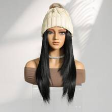 Knitted Hat With 18 Inch Synthetic Long Natural Straight Stylish Hair Extensions,Knitted Hat Wig For Women Halloween, Christmas, Party And Daily Use
