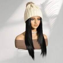 Knitted Hat With 18 Inch Synthetic Long Natural Straight Stylish Hair Extensions,Knitted Hat Wig For Women Halloween, Christmas, Party And Daily Use