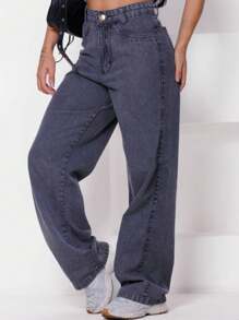 Women's Wide Leg Jeans, Graphite - Đá lửa - Xem 1