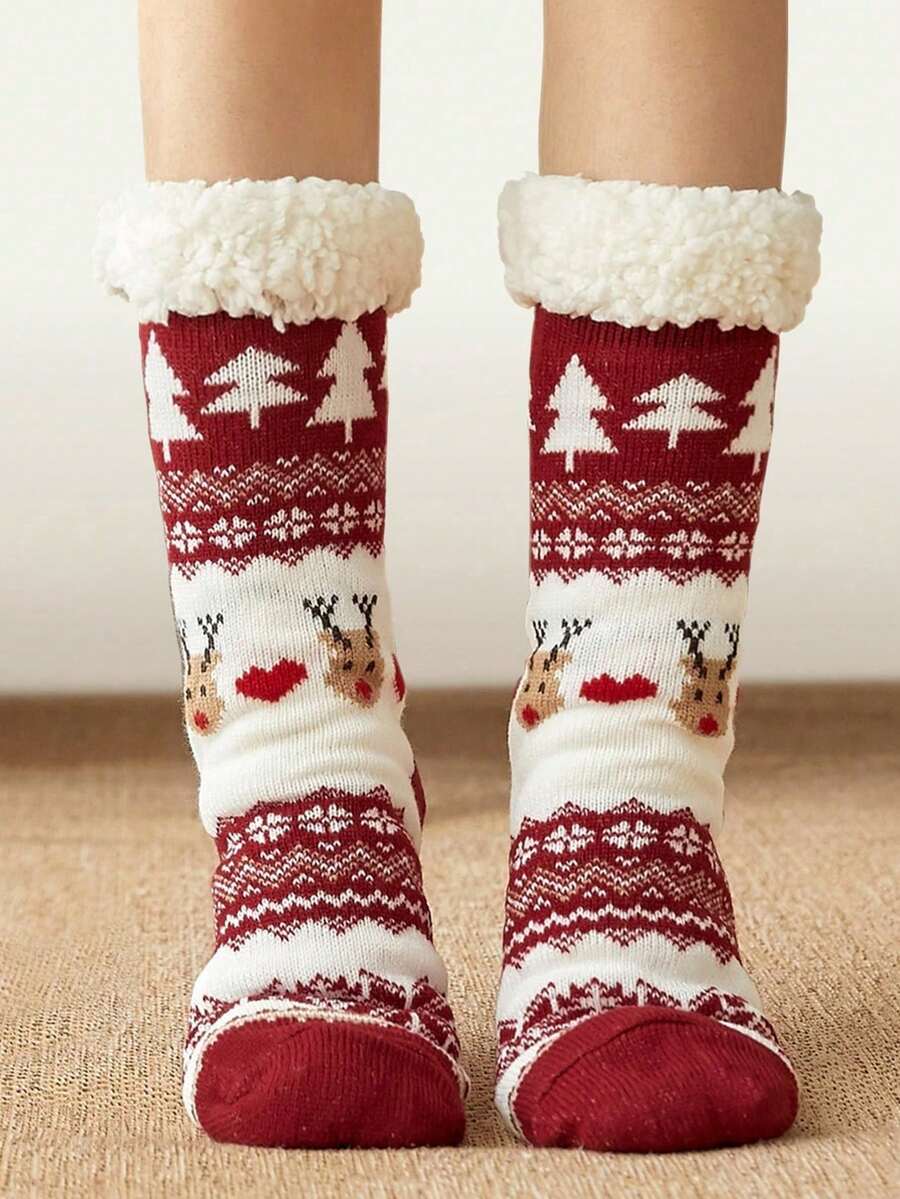 2 Pairs Kids Socks, Burgundy Soft & Cute Deer/Christmas Tree/Snowflake