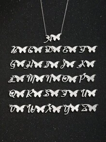 1件优雅奢华磨砂蝴蝶字母吊坠不锈钢项链，女士精致时尚颈链，适合派对、约会、旅行、度假，可作为珠宝礼物 - 銀色 - 查看 4