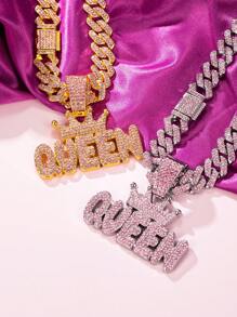 1set Women's Pink Rhinestone Studded Hip Hop Nightclub Style Letter Crown "KING" "QUEEN" Pendant Necklace Jewelry Set, Personalized Crown Design With Sparkling Crystals, Suitable For Daily Wear And Party Accessories