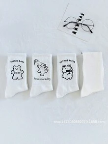 4/8 Đôi Tất Nam Nữ Đen Trắng Cặp Đôi Ngẫu Nhiên Bốn Mùa Chữ Hoạt Hình Gấu Mềm Thấm Hút Mồ Hôi Dễ Thương Xu Hướng Thời Trang Thể Thao Hàng Ngày Tất Thường Ngày - Đen và trắng - Xem 11