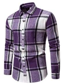 Men's Casual Long Sleeve Shirt, Men's Stitching Plaid Shirt - Purple - View 2