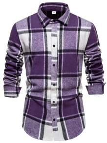 Men's Casual Long Sleeve Shirt, Men's Stitching Plaid Shirt - Purple - View 1