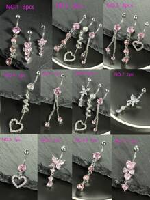 1-3pcs/Set Rhinestone Bow Decor Navel Belly Ring Unsiex Stainless Steel Dangle Belly Button Rings Pink Heart Flower Butterfly Body Piercing Jewelry Navel Belly Bar Gift For Any Occasion Valentines,Mom,Mother,Mother's Day,Gift - Belly Ring - View 9