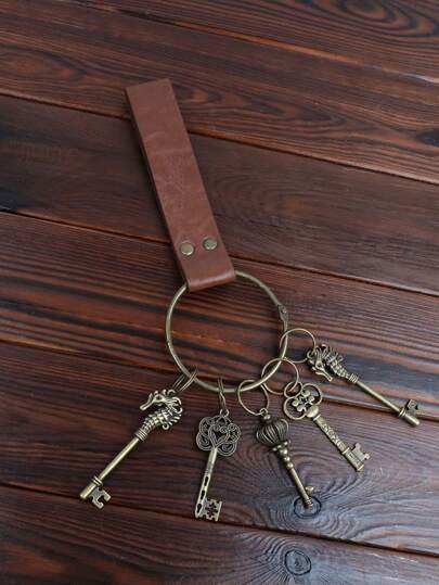 1 Set Magical Key, Gringotts Bank Vault Key With Medieval Vintage PU Leather Keychain, Halloween Cosplay Prop
