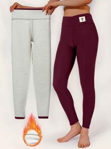 1pc Cat Women Running Sport Leggings Breathable High Waist Plush Yoga Pants Outdoor Cycling Running Fitness Skiing Tights - Màu Đỏ Sâu - Xem 2
