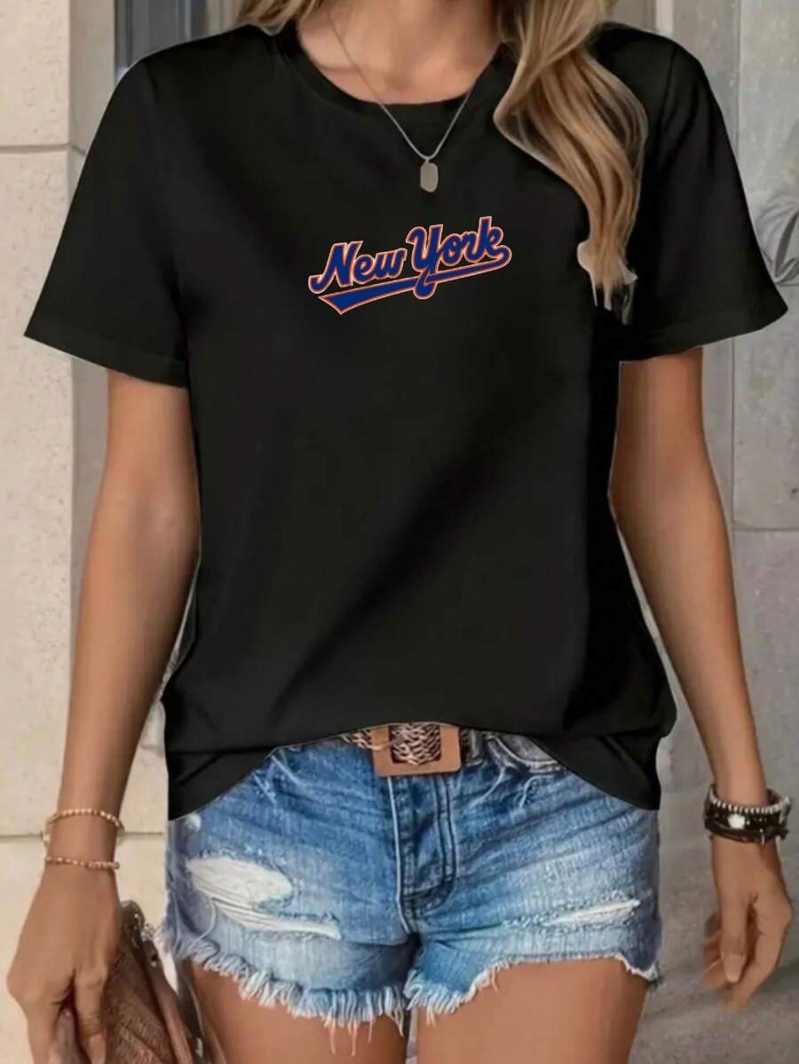 New York Women's T-Shirt Graphic Print Shirt 100% Cotton Unisex Blouse New Release - 黑色 - 查看 1