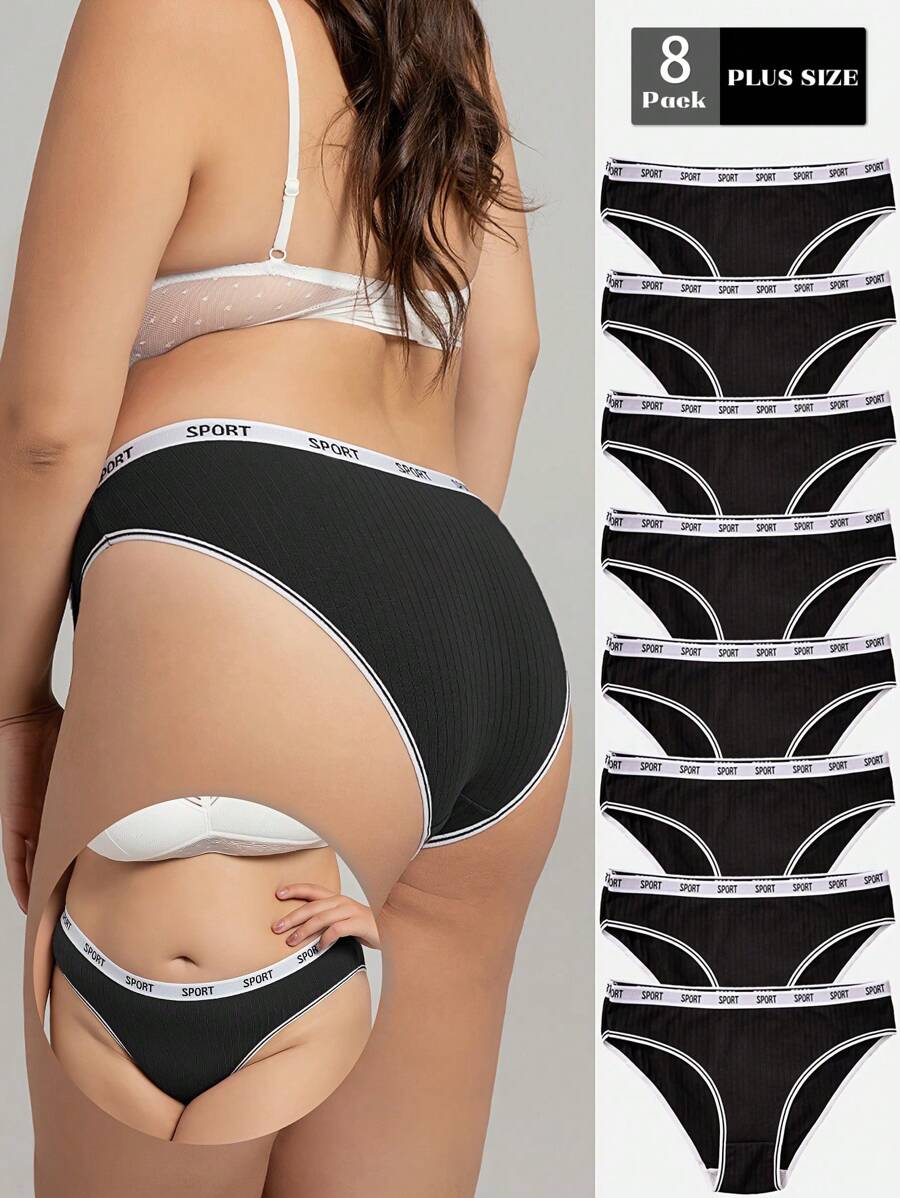8PCS Plus Size Panties In Women Briefs Ladies' Comfortable Letter Belt Triangle Underwear Basic Black Underwear - 黑色 - 查看 1