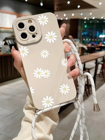Capa de celular com cordão de flores, 1 peça, estampa de flores de margarida, maçã, capa protetora antiqueda, à prova d'água, choque e resistente a arranhões