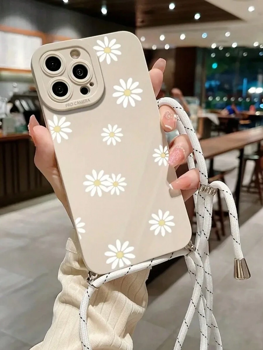 挂绳花朵手机壳 1 件装 苹果雏菊花朵图案 防摔保护手机壳 防水防震防刮 - 彩色 - 查看 1