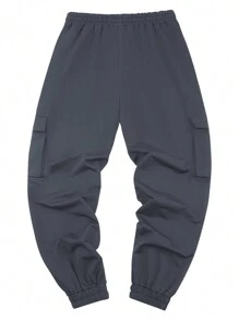 3pcs Men's Casual Spring/Autumn Solid Color Drawstring Waist Tapered Leg Cargo Jogger Pants Set