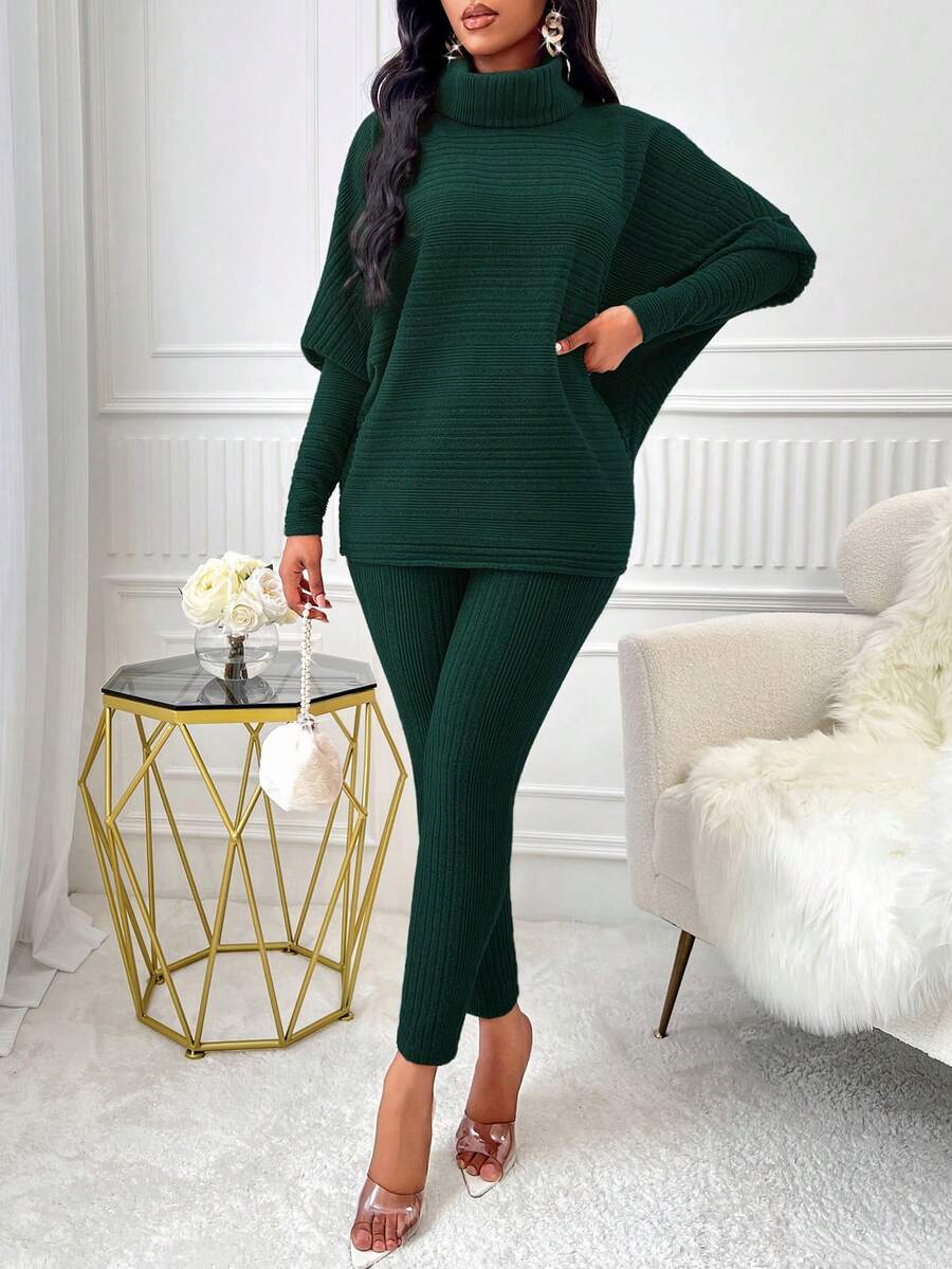 AIJ Amarilo Women's Fashion Solid Color Ribbed Turtleneck Batwing Sleeve T-Shirt And Skinny Pants Set - Dark Green - View 1