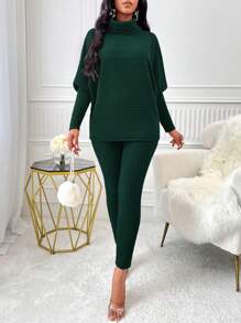 AIJ Amarilo Women's Fashion Solid Color Ribbed Turtleneck Batwing Sleeve T-Shirt And Skinny Pants Set - Dark Green - View 5
