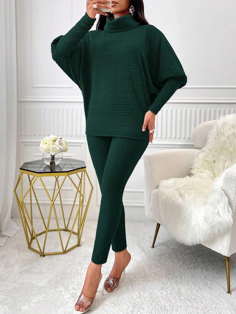 AIJ Amarilo Women's Fashion Solid Color Ribbed Turtleneck Batwing Sleeve T-Shirt And Skinny Pants Set - Dark Green - View 1
