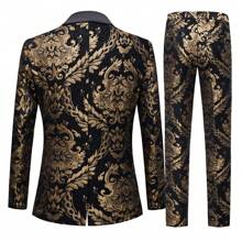 Mens Jacquard Slim-Fit 2-Piece Shawl Lapel Tuxedo Suit Set For Wedding, Party And Prom -Gold& Black - màu đen - Xem 5