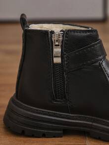 Giày bốt ngắn Anh thời trang mùa đông cho trẻ em, giày bốt ấm áp cho bé trai bé gái có quai - màu đen - Xem 9