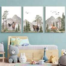 3 件野外冒险森林墙壁艺术帆布印刷品 - 木制框架，水彩鹿熊狐狸图片适用于男孩和女孩的房间装饰带框/无框 - 彩色 - 查看 4