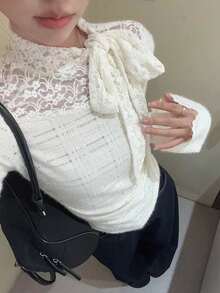 女士优雅系带撞色蕾丝衬衫 - 杏色 - 查看 4