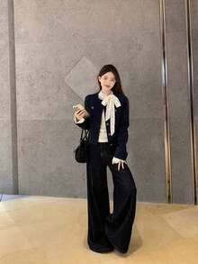 女士优雅系带撞色蕾丝衬衫 - 杏色 - 查看 7