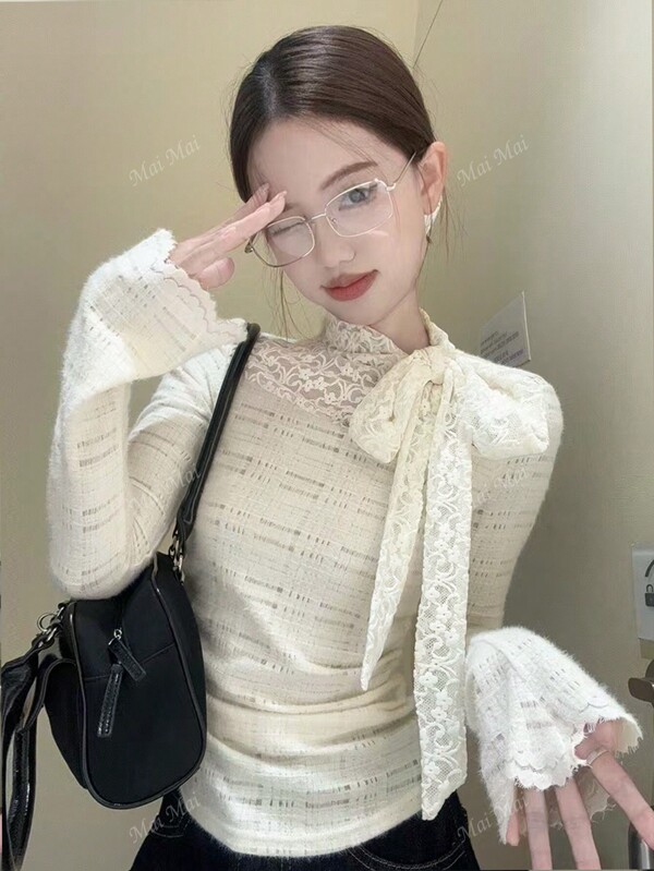 女士优雅蝴蝶结对比色蕾丝衬衫