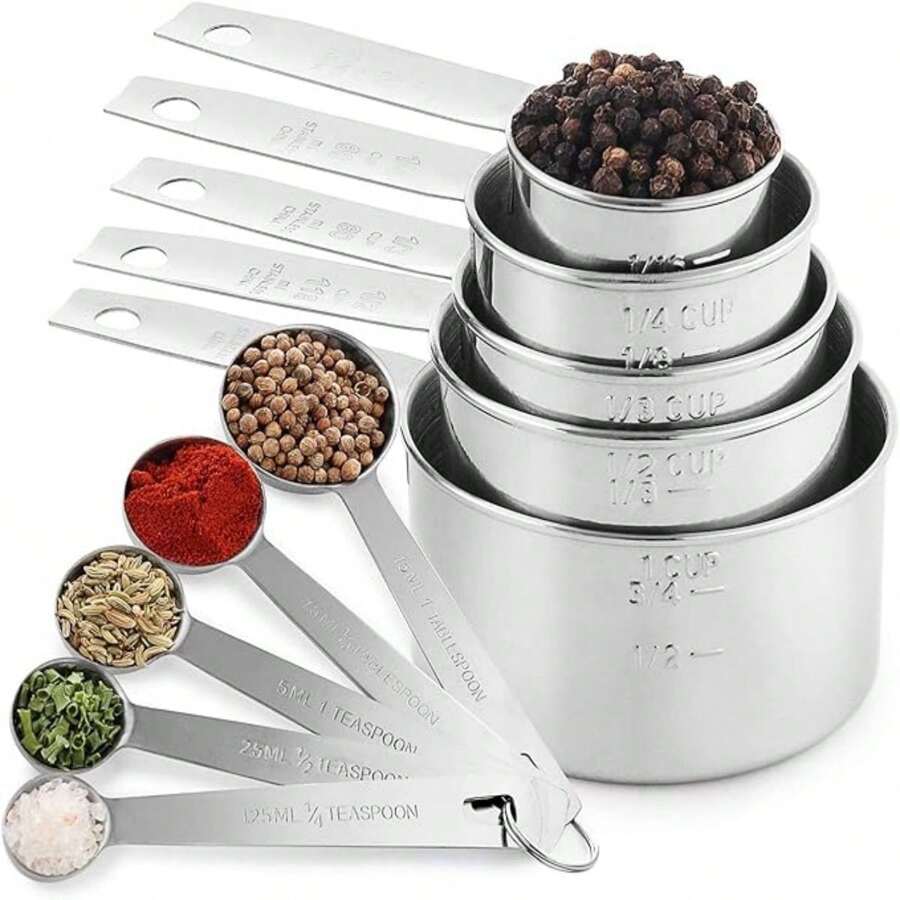 5 xícaras de medição + 5 colheres de medição, xícaras e colheres de medição empilháveis de aço inoxidável para produtos secos ou líquidos, utensílios de cozinha para cozinhar e assar, suprimentos para assar - Prata - Ver 1
