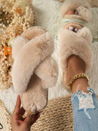 Women's Cross Strap Non-Slip Wear-Resistant Open Toe Low Heel Fuzzy Slippers, Comfortable Fluffy House Shoes