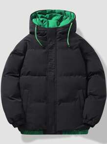 1 chiếc áo khoác mùa đông với lớp ngoài màu đen cổ điển và lớp trong màu xanh lá cây rực rỡ, kết hợp phong cách và tính thực tế, một món đồ thiết yếu ấm áp và hợp thời trang không thể thiếu cho mùa đông - màu đen - Xem 1