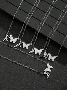 1件优雅奢华磨砂蝴蝶字母吊坠不锈钢项链，女士精致时尚颈链，适合派对、约会、旅行、度假，可作为珠宝礼物 - 銀色 - 查看 2