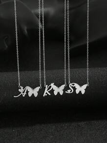 1件优雅奢华磨砂蝴蝶字母吊坠不锈钢项链，女士精致时尚颈链，适合派对、约会、旅行、度假，可作为珠宝礼物 - 銀色 - 查看 3