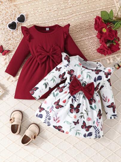 2 件套女婴休闲玫瑰与蝴蝶印花盖袖圆领连衣裙和纯色针织连衣裙，春秋
