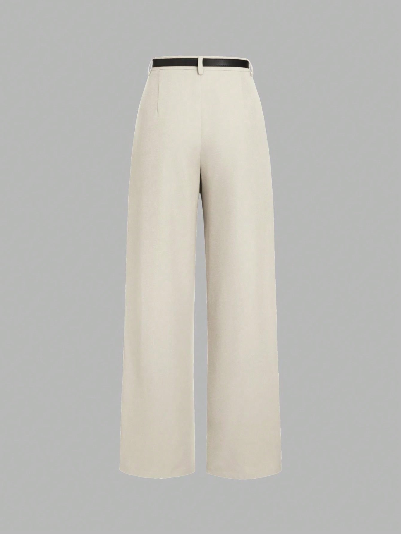 سراويل مكتبية أنيقة بلون أحادي خصر متوسط ذات تصميم...