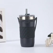 1 件装新款双层不锈钢车载杯，大容量硅胶盖真空隔热便携式随行杯带吸管 - 彩色 - 查看 8