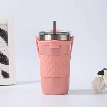 1 件装新款双层不锈钢车载杯，大容量硅胶盖真空隔热便携式随行杯带吸管 - 彩色 - 查看 7
