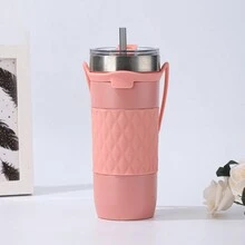 1 件装新款双层不锈钢车载杯，大容量硅胶盖真空隔热便携式随行杯带吸管 - 彩色 - 查看 4