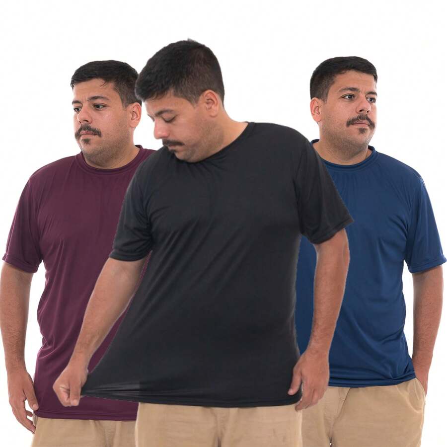 Kit 3 Dry Fit Men's Plus Size Gym Sports T-Shirts - 黑色/藍色/酒紅色 - 查看 1