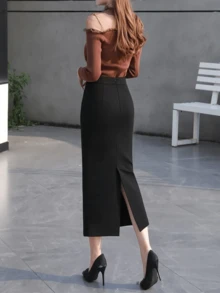 Elegant Solid Color High Waist Slim Pencil Skirt, Spring/Summer - Black - View 4